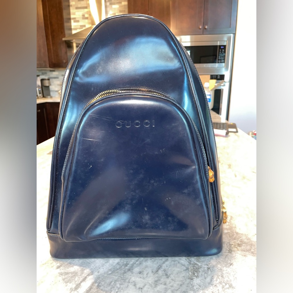 Vintage GUCCI Bamboo Body Bag Patent leather Navy Blue